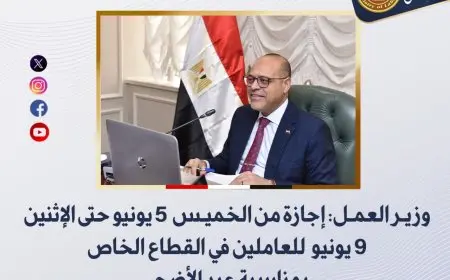 وزير العمل: إجازة عيد الأضحى تبدأ من الخميس 5 يونيو وتستمر حتى الإثنين للموظفين في القطاع الخاص