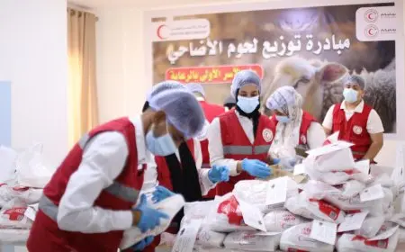 الهلال الأحمر يقوم بتوزيع أضاحي العيد على الأسر المحتاجة ويستهدف الوصول إلى 20 ألف أسرة خلال أيام العيد.