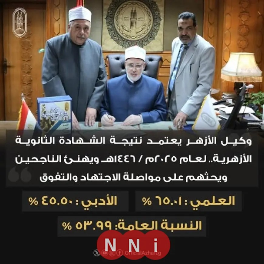 إعلان نتيجة الشهادة الثانوية الأزهرية 2025 بنسبة نجاح 53.99%