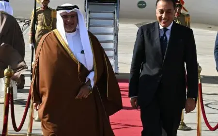 رئيس الوزراء يرحب بولي عهد مملكة البحرين في مطار القاهرة الدولي