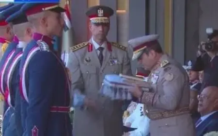 السيسي يقوم بتسليم علم القوات المسلحة لقائد حرس الشرف ليرتفع فوق مقر القيادة الاستراتيجية