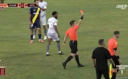 اعتراض تاريخي بتحدي الفيديو.. مدرب يُلزم الحكم بطرد مدافع الخصم في الدوري الفرنسي (فيديو)